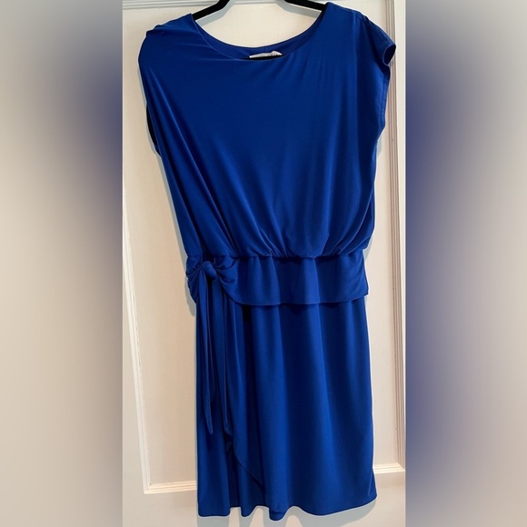 Cobalt Royal Blue Cap Sleeve Tie Waist Stretchy Mini Dress Size 14 Petite - Picture 1 of 7